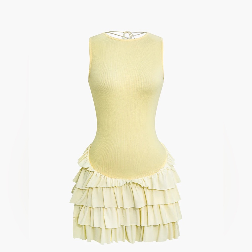 Micas Lace Up Back Sleeveless Ruffle Hem Mini Dress
